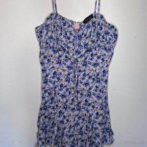 Trixxi Floral Blue Ruffled Romper Spaghetti Strap Ruched Bust NWT